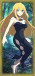  1girl aqua_eyes bangs barefoot black_dress blonde_hair breasts brown_ribbon cleavage covered_navel dr._stone dress floating_hair full_body hair_between_eyes highres long_dress long_hair looking_at_viewer medium_breasts orion091 parted_lips rei_no_himo ribbon ruri_(dr._stone) sleeveless sleeveless_dress solo straight_hair very_long_hair 