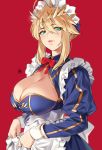  1girl alternate_costume apron aqua_eyes artoria_pendragon_(all) artoria_pendragon_(lancer) bangs blonde_hair blue_bow blue_dress blush bow braid breasts cleavage crown dress enmaided fate/grand_order fate_(series) french_braid hair_between_eyes hair_bow highres juliet_sleeves large_breasts long_hair long_sleeves looking_at_viewer maid maid_headdress parted_lips puffy_sleeves red_background sidelocks simple_background smile solo swept_bangs underbust white_apron yang-do 