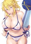  1girl ahoge arm_support artoria_pendragon_(all) artoria_pendragon_(lancer) bangs bare_shoulders baseball_cap bikini blonde_hair blue_eyes blush breasts cleavage closed_mouth collarbone commentary_request cosplay covered_nipples eyebrows_visible_through_hair fate/grand_order fate_(series) hair_between_eyes hat hat_removed headwear_removed highleg highleg_bikini holding holding_weapon huge_breasts lips medium_hair mysterious_heroine_xx_(foreigner) mysterious_heroine_xx_(foreigner)_(cosplay) navel ponytail revision see-through side-tie_bikini sidelocks skindentation smile soba_(saz) stomach string_bikini sweat swimsuit thighs underboob weapon white_bikini 