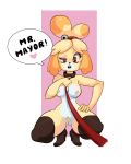  2019 alternate_version_at_source animal_crossing breasts canid canine canis clothing collar crouching domestic_dog english_text female genitals hi_res isabelle_(animal_crossing) leash legwear mammal nintendo open_mouth pubes pussy shih_tzu sollarian solo speech_bubble text thigh_highs toy_dog video_games 
