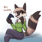  1:1 2020 anthro breasts brown_body brown_eyes brown_fur clothed clothing crossed_legs dialogue enginetrap english_text female fully_clothed fur hi_res holding_object looking_at_viewer mammal open_mouth open_smile procyonid raccoon simple_background sitting smile solo text white_background 
