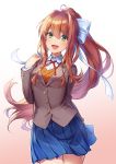  1girl :d bangs blue_sky brown_hair commentary cowboy_shot doki_doki_literature_club eyebrows_visible_through_hair gradient gradient_background green_eyes grey_jacket hair_between_eyes hair_ribbon hand_up highres jacket long_hair long_sleeves looking_at_viewer monika_(doki_doki_literature_club) open_mouth pink_background pleated_skirt ponytail ribbon school_uniform simple_background skirt sky smile solo very_long_hair wan89 white_ribbon wing_collar 