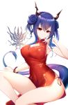  arknights armpits bare_legs blue_hair breasts ch&#039;en_(arknights) china_dress chinese_clothes cleavage dragon dragon_girl dragon_horns dragon_tail dress highres horns large_breasts leria_v looking_at_viewer red_eyes short_hair tail 