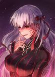  1girl bangs black_bodysuit bodysuit breasts breasts_apart dark_sakura eyebrows_visible_through_hair facial_mark fate/stay_night fate_(series) floating_hair grin hair_between_eyes hair_ribbon highres kuroi_susumu large_breasts long_hair matou_sakura red_eyes red_ribbon ribbon silver_hair smile solo turtleneck upper_body very_long_hair 