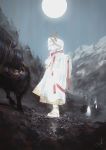  1girl animal building bull glowing grey_eyes hands_together highres hood hood_up horns long_sleeves mountain original reoen sandals signature solo_focus standing white_coat white_hair 