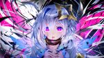  1girl amane_kanata angel_wings armband banned_artist blood commentary_request glowing glowing_eyes hair_ornament highres hololive looking_at_viewer open_mouth portrait purple_eyes ria shirt short_hair silver_hair solo virtual_youtuber wings 