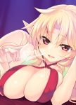  1girl bare_shoulders blonde_hair blush breasts cleavage elf highres ishuzoku_reviewers large_breasts long_hair pointy_ears red_eyes solo suga_hideo 