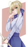  1girl absurdres ahoge artoria_pendragon_(all) bangs blonde_hair blue_bow blue_ribbon blue_skirt bow braid braided_bun brown_background cowboy_shot eyebrows_visible_through_hair fate/stay_night fate_(series) from_side green_eyes grin hair_between_eyes hair_bow harrishero10 highres holding holding_sword holding_weapon long_sleeves looking_at_viewer neck_ribbon ribbon saber shinai shiny shiny_hair shirt skirt smile solo standing sword weapon white_background white_shirt 