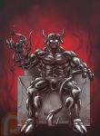 anthro big_muscles bovid bovine bulge cattle chair eyewear furniture glasses glowing glowing_eyes horn huge_muscles male mammal muscular muscular_male rubber solo symbiote tentacles throne unknown_artist 