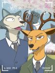  2020 anthro antlers aureldrawsstuff beastars black_nose brown_body brown_eyes brown_fur building canid canine canis cervid cheek_tuft clothed clothing duo facial_tuft fangs fur hi_res horn legoshi_(beastars) louis_(beastars) mammal necktie open_mouth open_smile outside sharp_teeth shirt sky smile sparkles teeth topwear tree tuft wolf 