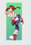  1girl ass breasts brown_eyes brown_hair cleavage closed_mouth commentary dougi fingerless_gloves gloves headband highres ioioi_(2466400725) looking_at_viewer ryuuko_no_ken shoes short_hair smile sneakers socks solo spandex the_king_of_fighters yuri_sakazaki 
