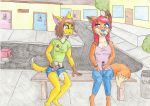  absurd_res anthro bottomwear brown_hair canid canine canis car clothing dingo eating female flat_chested food fox hair hi_res jeans mammal outside pants road shorts smile thankfullorris tongue vehicle 