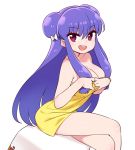  1girl bare_shoulders breasts chan_co cleavage collarbone commentary crossed_legs double_bun eyebrows_visible_through_hair eyeliner eyeshadow hair_between_eyes hair_ornament large_breasts long_hair looking_at_viewer makeup naked_towel open_mouth purple_hair ranma_1/2 red_eyes shampoo_(ranma_1/2) sidelocks sitting smile solo thighs towel vaulting_horse very_long_hair white_background yellow_towel 