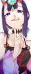  1girl :d absurdres bangs bare_shoulders chinese_clothes choker close-up detached_sleeves dudou eyeliner fangs fate/grand_order fate_(series) finger_to_chin hair_ornament highres horns looking_at_viewer makeup mithurugi-sugar oni open_mouth ponytail purple_eyes purple_hair shuten_douji_(fate/grand_order) shuten_douji_(halloween_caster)_(fate) simple_background smile solo white_background 