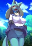  absurd_res anthro breasts canid canine censored clothed clothing female genitals hi_res lucario mammal nintendo no_underwear outside pok&eacute;mon pok&eacute;mon_(species) pussy solo umisag85rabb99 video_games 