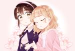  2girls blonde_hair blush braid brown_eyes brown_hair closed_eyes crown_braid flower holding_hands jacket long_hair long_sleeves medium_hair multiple_girls pink_jacket sachi_tachibana shimmy_(2464530) simple_background upper_body watashi_no_yuri_wa_oshigoto_desu! yano_mizuki yuri 