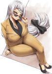  1girl arm_support black_bow bow breasts cleavage commentary curvy earrings formal grey_hair grin hair_bow highres huge_breasts jewelry large_breasts long_hair low-tied_long_hair moon_earrings original packge ponytail purple_eyes silver_hair sitting smile solo suit sunglasses very_long_hair wide_hips 