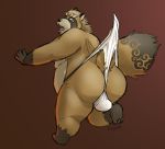  2020 anthro belly brown_body brown_fur bulge butt canid canine clothing fur gyobu hi_res izvy_(artist) male mammal overweight overweight_male raccoon_dog simple_background solo tanuki tokyo_afterschool_summoners underwear video_games wedgie 