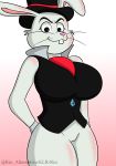  2019 anthro big_breasts bottomless breasts clothed clothing collar crossgender dc_comics digital_media_(artwork) female fur genitals hat headgear headwear hi_res klr-rio krypto_the_superdog lagomorph leporid mammal mertin_the_magnificent pussy rabbit solo top_hat topwear vest whiskers white_body white_fur 