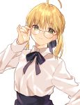  1girl adjusting_eyewear ahoge artoria_pendragon_(all) blonde_hair blouse commentary_request eyebrows_visible_through_hair fate/stay_night fate_(series) glasses green_eyes highres looking_at_viewer lq_saku neck_ribbon ribbon saber simple_background skirt solo standing upper_body white_background white_blouse 