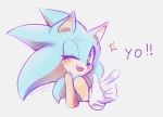  2017 anthro blue_body blue_fur english_text eulipotyphlan fur gesture green_eyes hedgehog male mammal one_eye_closed simple_background smile solo sonic_the_hedgehog sonic_the_hedgehog_(series) spacecolonie text white_background wink 