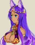  1girl absurdres animal_ears aqua_eyes bare_shoulders breasts cleavage dark_skin eyeliner fate/grand_order fate_(series) hair_ornament highres long_hair makeup mithurugi-sugar portrait purple_hair queen_of_sheba_(fate/grand_order) simple_background smile solo wolf_ears 