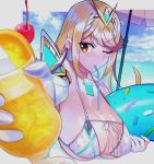  1girl bangs beach bikini blonde_hair breasts cleavage commentary_request cup earrings food fruit gem gloves glowing hair_ornament headpiece hikari_(xenoblade_2) holding holding_cup huge_breasts jewelry juice large_breasts long_hair looking_at_viewer nakazou2000 ocean one_eye_closed simple_background smile solo swept_bangs swimsuit tiara umbrella very_long_hair water wet white_bikini xenoblade_(series) xenoblade_2 yellow_eyes 