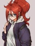  1girl ahoge alternate_hairstyle android_21 backpack bag baggy_clothes black-framed_eyewear blue_eyes brown_hair casual dragon_ball dragon_ball_fighterz earrings expressionless glasses hood hoodie hoop_earrings huge_ahoge jewelry kemachiku long_hair looking_at_viewer ponytail solo 