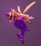  1girl antennae arthur_asa ass bee_girl bent_over blue_eyes breasts commentary compound_eyes english_commentary extra_eyes from_below full_body insect_girl insect_wings knee_pads lavender_hair pantyhose pointy_shoes purple_eyes purple_legwear q-bee shoes short_hair sleeveless solo spikes stinger vampire_(game) wings 