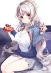  1girl bangs blue_jacket breasts cake cleavage commentary_request eyebrows_visible_through_hair food fruit grey_hair grey_skirt highres holding holding_plate jacket large_breasts long_hair long_sleeves looking_at_viewer open_mouth original plate red_eyes ringozaka_mariko shirt sitting skirt solo strawberry white_shirt 