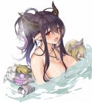  1girl black_hair breasts danua doll draph granblue_fantasy gretel_(granblue_fantasy) hansel_(granblue_fantasy) horns jewelry large_breasts misosirudodo open_mouth partially_submerged pendant pointy_ears ponytail red_eyes water 