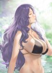  1girl backlighting bare_arms bare_shoulders bikini black_bikini breasts camilla_(fire_emblem) cleavage closed_eyes collarbone commentary day fire_emblem fire_emblem_fates j@ck large_breasts long_hair navel outdoors parted_lips pink_lips purple_hair smile stomach swimsuit underboob upper_body very_long_hair water 