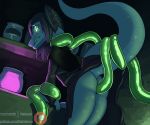  absurd_res anthro anthro_penetrated batartcave butt clothed clothing female glowing glowing_eyes green_eyes green_tentacles hair hi_res penetration reptile scalie snake solo teeth tentacle_sex tentacles 