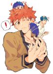  ! /\/\/\ 2boys blue_hair character_doll cheek_kiss cu_chulainn_(fate)_(all) cupping_hands emiya_shirou fate/hollow_ataraxia fate/stay_night fate_(series) kiss lancer male_focus multiple_boys orange_hair ponytail red_eyes school_uniform spoken_exclamation_mark tatsuta_age tsum-tsum wince yellow_eyes 