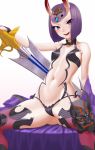  1girl bangs bare_shoulders bob_cut breasts commentary_request fate_(series) gishu highres horns looking_at_viewer makeup navel oni oni_horns open_mouth purple_eyes purple_hair short_hair shuten_douji_(fate/grand_order) simple_background skin-covered_horns small_breasts smile solo sword weapon white_background 