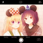  2girls against_wall animal_ears bang_dream! blue_headwear blush bow fake_animal_ears fake_screenshot hair_bow hair_ribbon hat hood hood_down hoodie long_hair looking_at_viewer mouse_ears multiple_girls pan_(pansui) polka_dot polka_dot_bow purple_eyes purple_hair red_bow red_eyes ribbon seta_kaoru shirasagi_chisato shirt short_hair smile star star_print upper_body viewfinder white_ribbon white_shirt witch_hat 