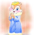  anthro blue_clothing blue_eyes blush chipmunk clarice_(disney) clothed clothing disney eyelashes female flower fur ground_squirrel headgear hi_res looking_at_viewer mammal one_eye_closed open_mouth open_smile plant red_nose robe rodent sciurid shirotarosu simple_background smile standing tan_body tan_fur wink 