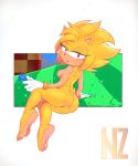  2020 amy_rose anthro barefoot breasts butt chaos_emerald clothing eulipotyphlan female genitals gloves grass handwear hedgehog holding_object mammal mostly_nude nipples nolegal pussy red_eyes signature soles solo sonic_the_hedgehog_(series) toes video_games yellow_body yellow_skin 