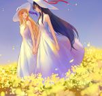  2girls azmodan black_hair blonde_hair blue_hair blue_sky closed_eyes dress field flower flower_field hat hat_ribbon himemiya_chikane holding_hands jewelry kannazuki_no_miko kurusugawa_himeko laughing long_hair multiple_girls necklace petals purple_ribbon red_ribbon ribbon sky sleeveless sleeveless_dress smile sun_hat very_long_hair white_dress wind yellow_flower yuri 