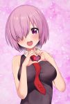  1girl :d bare_shoulders blush breasts fate/grand_order fate_(series) hair_over_one_eye hands_up happy heart heart_hands highres large_breasts lavender_hair mash_kyrielight necktie open_mouth purple_eyes purple_hair red_neckwear shirt short_hair sleeveless sleeveless_shirt smile solo upper_body upper_teeth yoshi8357 