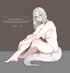  1girl bangs barefoot blush breasts closed_mouth commentary crossed_legs dark_souls english_commentary english_text eyelashes from_side green_eyes grey_background grey_hair highres horns long_hair looking_at_viewer looking_to_the_side medium_breasts nipples nose_blush nude parted_bangs priscilla_the_crossbreed ribs signature simple_background sitting slit_pupils smile solo souls_(from_software) sweat tail vetis 