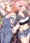  2girls ;o ;p bangs bare_thighs blush breasts brick_wall cleavage collarbone commentary_request cowboy_shot crop_top cup cutoffs denim denim_shorts drinking_straw earrings eyebrows_behind_hair go-toubun_no_hanayome graffiti grey_shirt hair_between_eyes hair_ribbon hairband hand_on_hip hand_on_own_forehead highres holding holding_cup jewelry large_breasts lavender_hair locked_arms long_sleeves looking_at_viewer medium_hair midriff multiple_girls nakano_ichika nakano_yotsuba navel one_eye_closed open_mouth orange_hair overalls ribbon sahara386 shirt short_hair short_shorts shorts siblings sidelocks sisters stud_earrings tongue tongue_out wall white_hairband white_shirt 