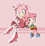  2015 amy_rose anthro black_eyes boots bottomwear classic_amy_rose classic_sonic_(universe) clothing dress duo eulipotyphlan female footwear fur gloves green_eyes handwear hatching_(art) hedgehog mammal pink_body pink_fur shirt shoes sitting skirt smile sonic_the_hedgehog_(series) spacecolonie square_crossover topwear 