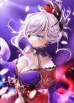 1girl blue_background blue_eyes breasts cleavage commentary_request earrings eyepatch fate/grand_order fate_(series) floral_print hair_ornament hane_yuki highres jewelry katana large_breasts long_hair looking_at_viewer miyamoto_musashi_(fate/grand_order) navel silver_hair solo sword upper_body weapon 