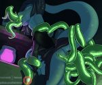  abdominal_bulge absurd_res all_the_way_through anthro anthro_penetrated batartcave blush butt clothed clothing female green_eyes green_tentacles hair hi_res neck_bulge penetration reptile scalie snake solo tentacle_sex tentacles 