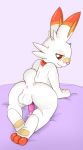  2020 anthro anus balls bed bodily_fluids butt cum digital_media_(artwork) fur furniture genital_fluids genitals male nintendo penis pok&eacute;mon pok&eacute;mon_(species) presenting scorbunny simple_background smile solo spikexen video_games white_body white_fur 