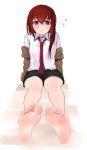  1girl absurdres bare_legs barefoot black_shorts blue_eyes blush breasts breath brown_jacket collared_shirt feet full_body hair_between_eyes highres jacket kahlua_(artist) long_hair long_sleeves looking_at_viewer makise_kurisu necktie off_shoulder red_hair red_neckwear shirt short_shorts shorts simple_background sitting small_breasts soles solo steins;gate sweat sweatdrop toes triangle_mouth white_background white_shirt 