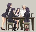  1boy 4girls admiral_(kantai_collection) book ifuji_shinsen kantai_collection multiple_girls old_man purple_eyes purple_hair red_neckwear school_uniform short_hair sitting skirt table tatsuta_(kantai_collection) tenryuu_(kantai_collection) walking_stick white_hair 