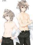  1boy absurdres fate/apocrypha fate_(series) grey_hair hair_between_eyes highres looking_at_viewer male_focus mithurugi-sugar navel open_mouth pants red_eyes sieg_(fate/apocrypha) simple_background smile topless white_background 