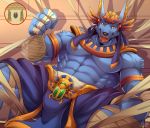 abs antho anubian_jackal anubis_kruger_(character) bandage biceps bulge canid canine canis clothed clothing egyptian headdress jackal loincloth male mammal muscular muscular_male pecs rabbity solo spread_legs spreading topless 